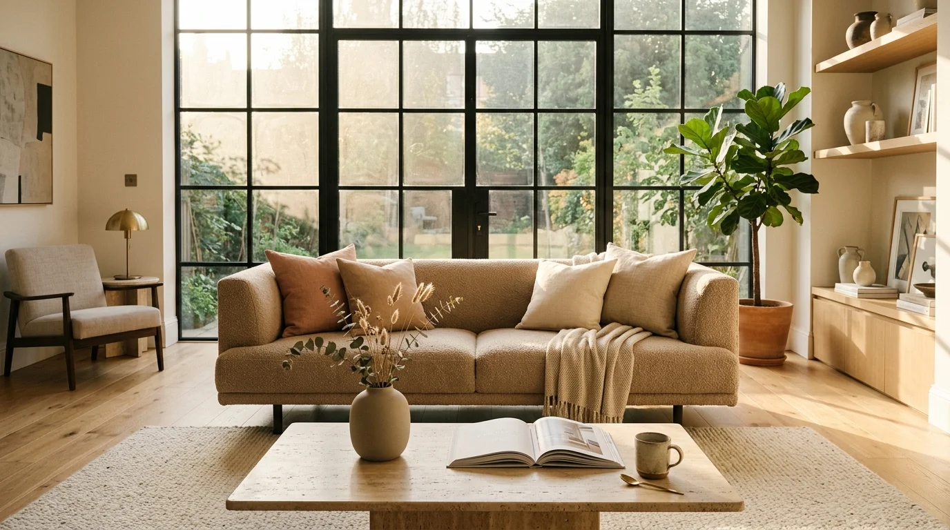 An elegant, sunlit living room with a low-profile sofa on a cream boucle rug, next to a stone coffee table with branches in a vase.