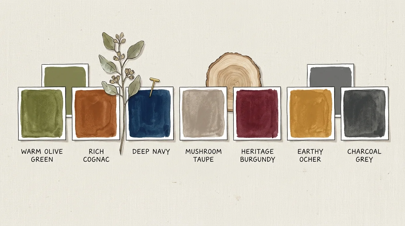 An illustrated interior design mood board showing swatches of the seven recommended sofa colors with elegant handwritten labels.