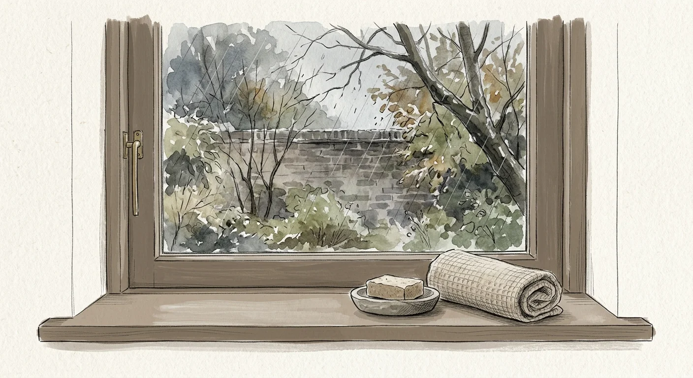An illustration of a bathroom window with mushroom brown trim, featuring a stone soap dish and waffle-knit towel on the sill.