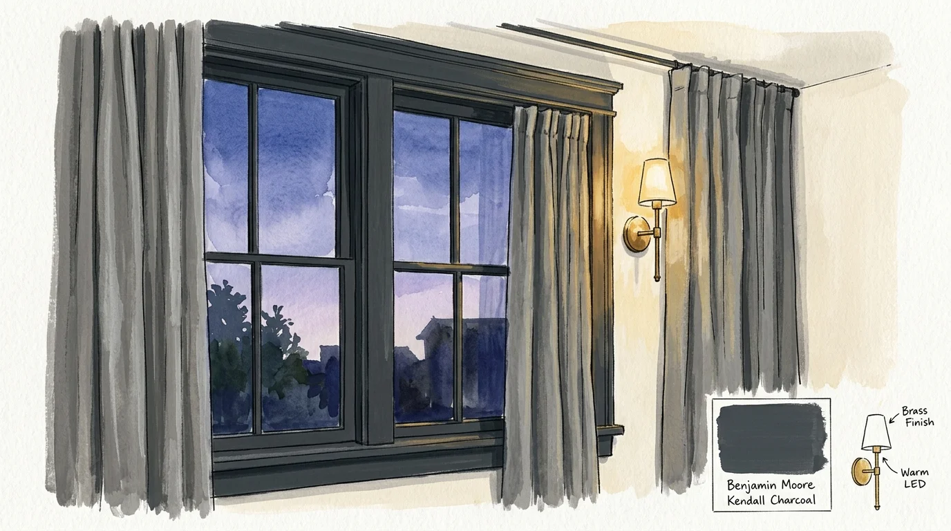 An illustration of a bedroom window with charcoal grey trim, featuring heavy grey linens and a warm glowing wall sconce.