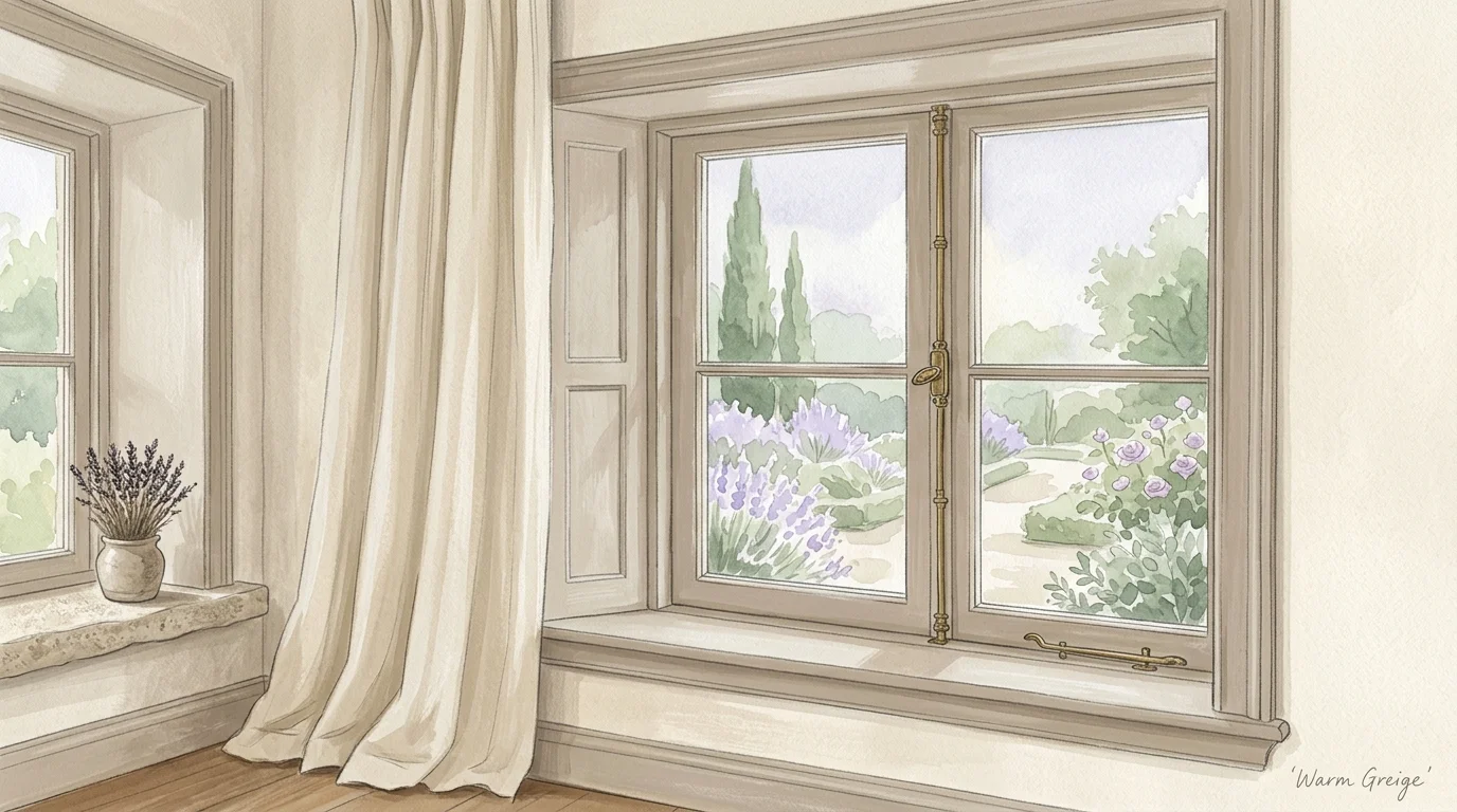 An illustration of a classic window frame painted in soft, warm greige, showing a subtle contrast against cream plaster walls.