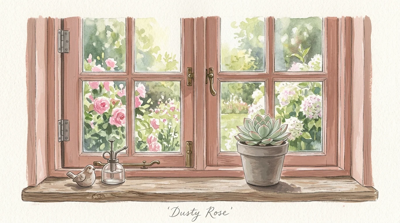 An illustration of a cottage window painted in dusty rose, with a small potted succulent sitting on the sill.