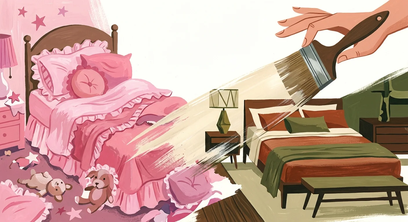 An illustration of a paintbrush sweeping olive green and alabaster paint over a dated, sugary pink ruffled bed.