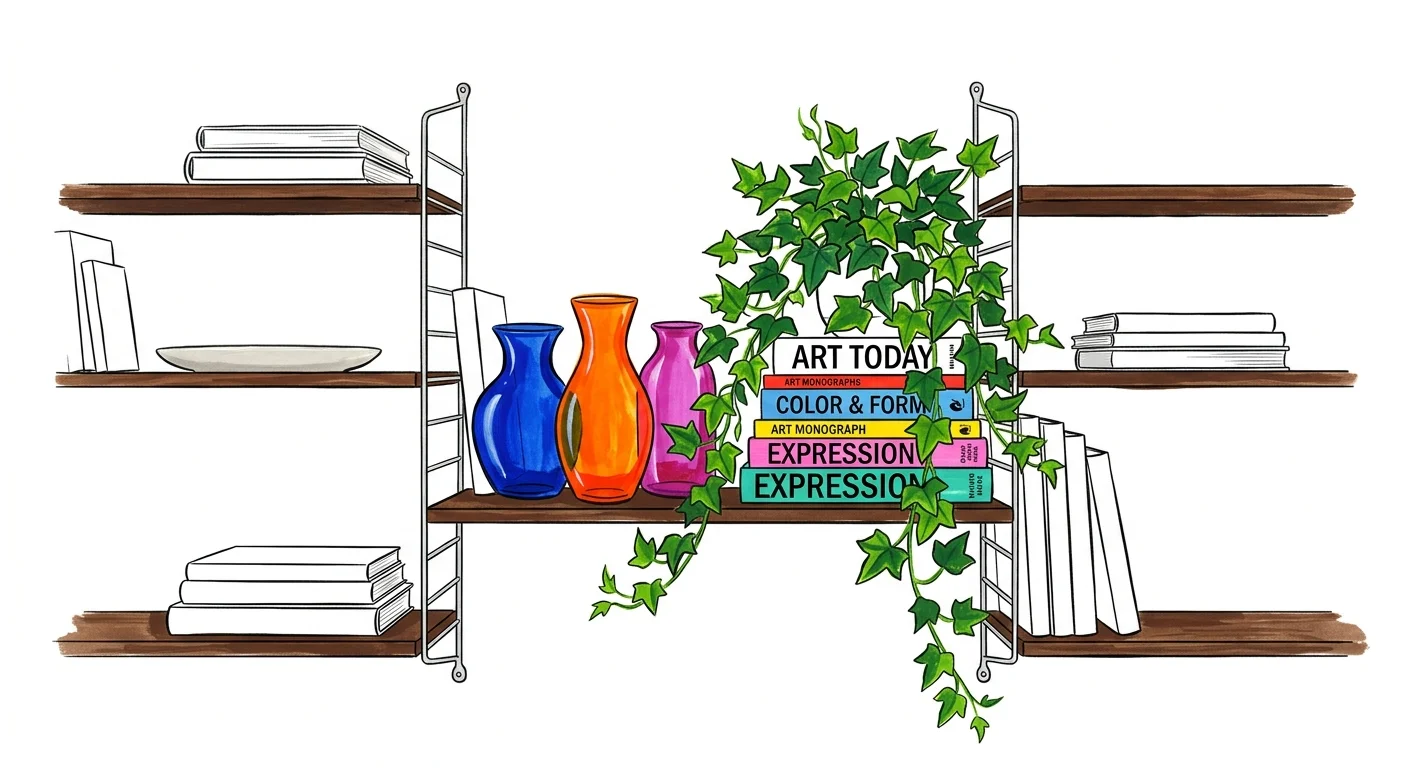 An ink and gouache illustration of a minimalist shelf displaying a vibrant, colorful cluster of eclectic decor items.