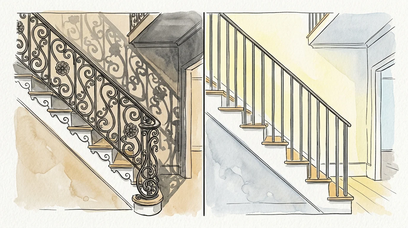 An ink and watercolor illustration contrasting heavy ornate wrought iron balusters with clean modern vertical steel spindles.
