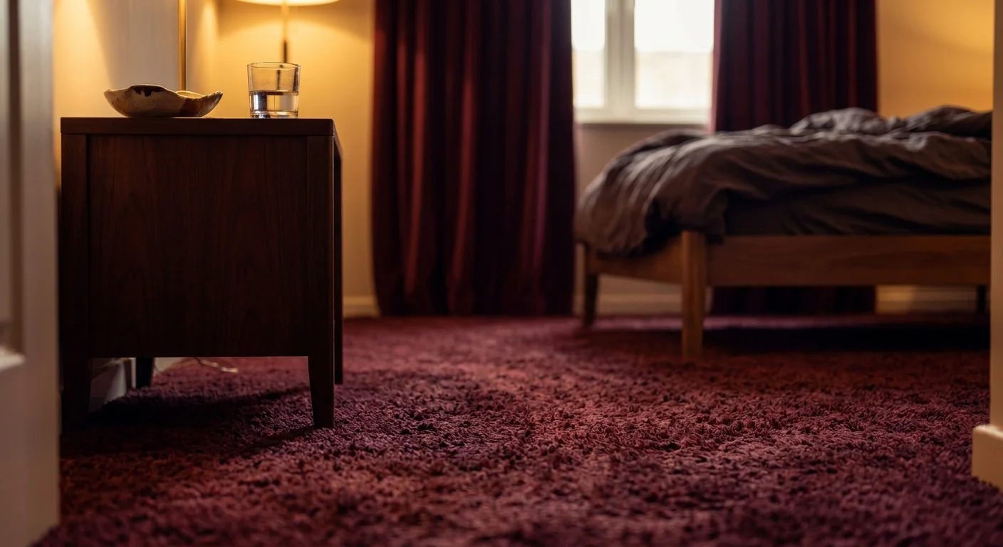 An intimate bedroom with soft burgundy carpet, a mahogany bedside table, and heavy velvet drapery.