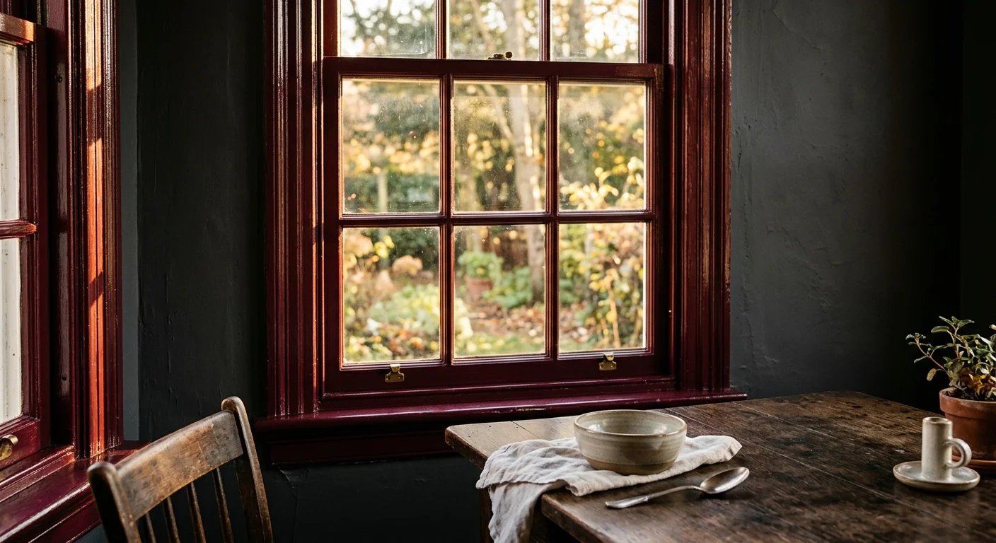 An intimate dining nook with dark charcoal walls and a window frame painted in rich, glossy burgundy, lit by warm afternoon light.