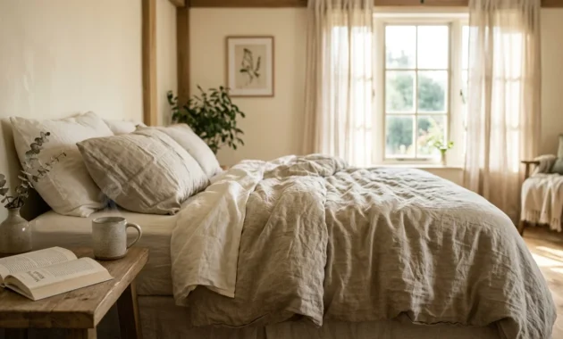 An inviting bedroom with rumpled oatmeal linen bedding, a white oak nightstand with a ceramic mug, and soft morning sunlight.