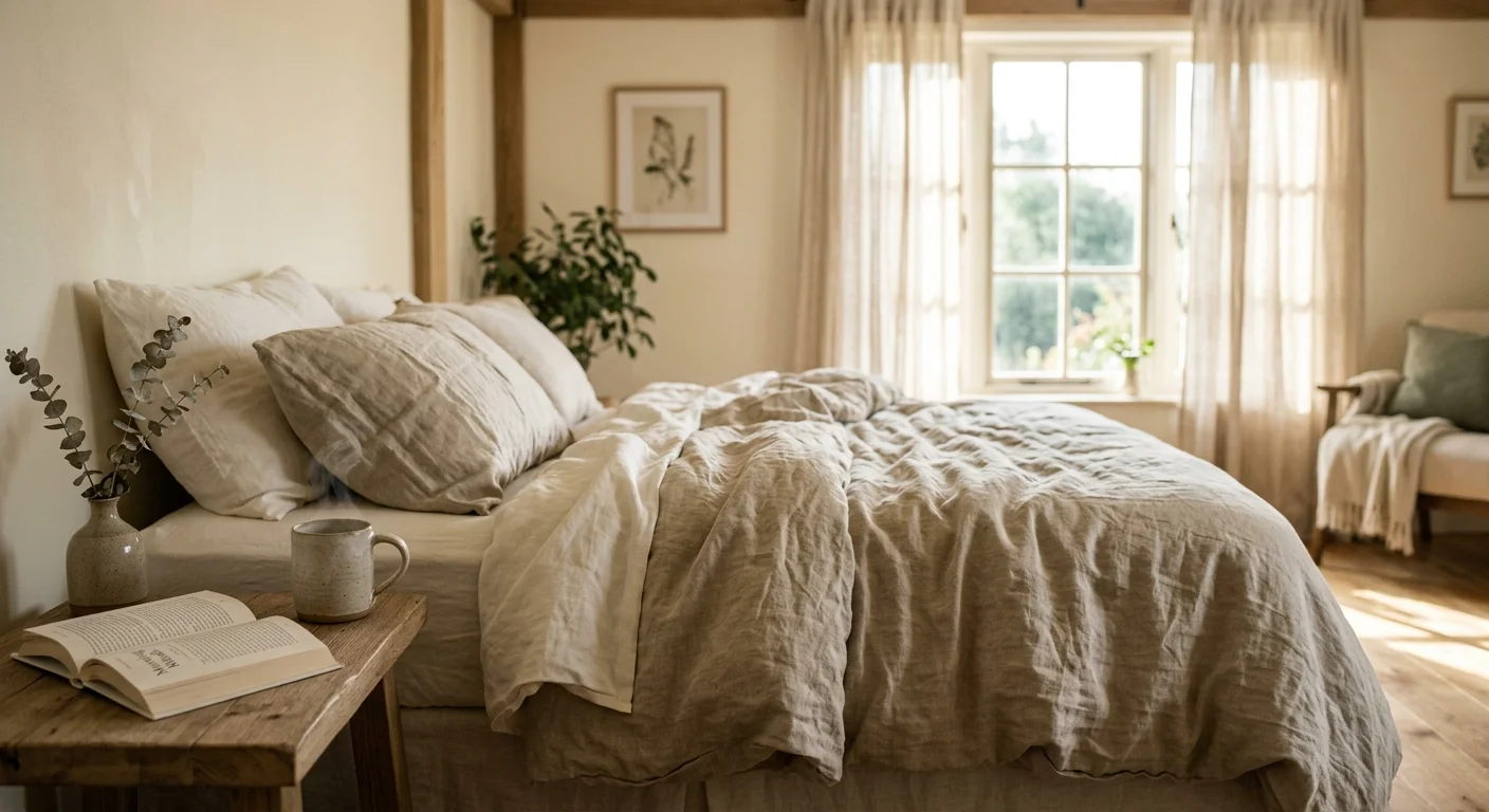 An inviting bedroom with rumpled oatmeal linen bedding, a white oak nightstand with a ceramic mug, and soft morning sunlight.