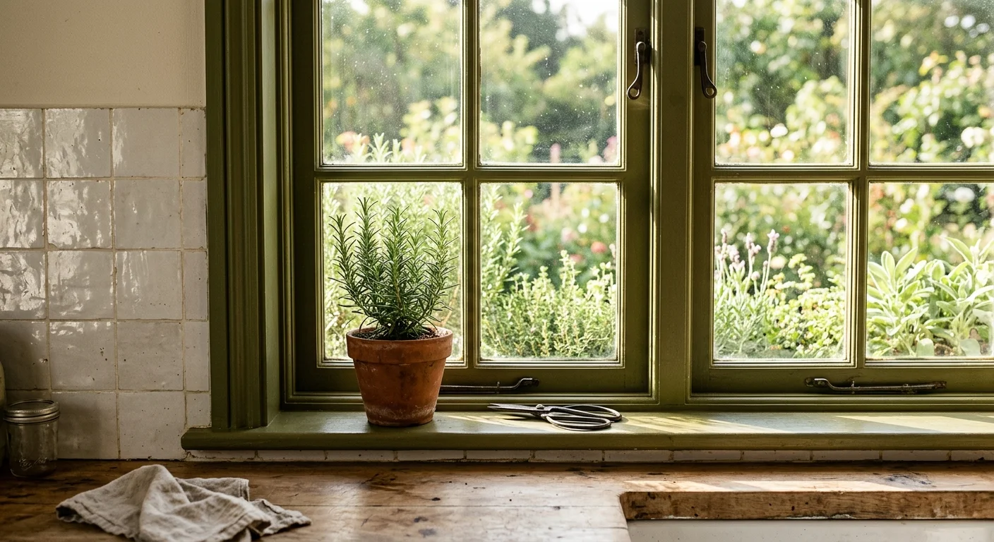 An olive green painted kitchen window with a terracotta rosemary pot on the sill, lit by warm morning sunlight.