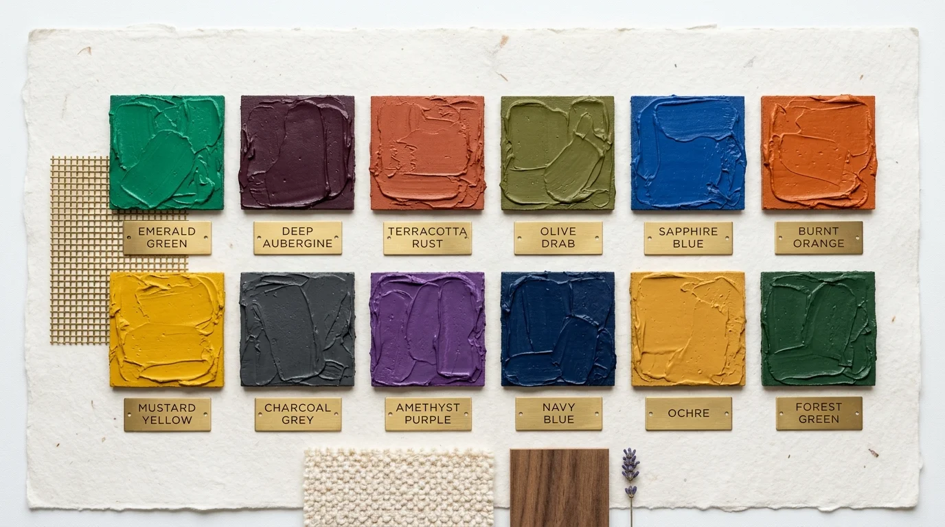 An organized design collage of twelve textured paint chips with brass labels and material samples on a handmade paper background.