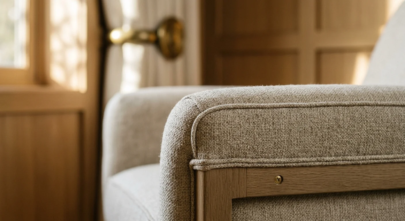 Close-up of a premium oatmeal linen sofa showing detailed stitching, with unlacquered brass hardware in the background.