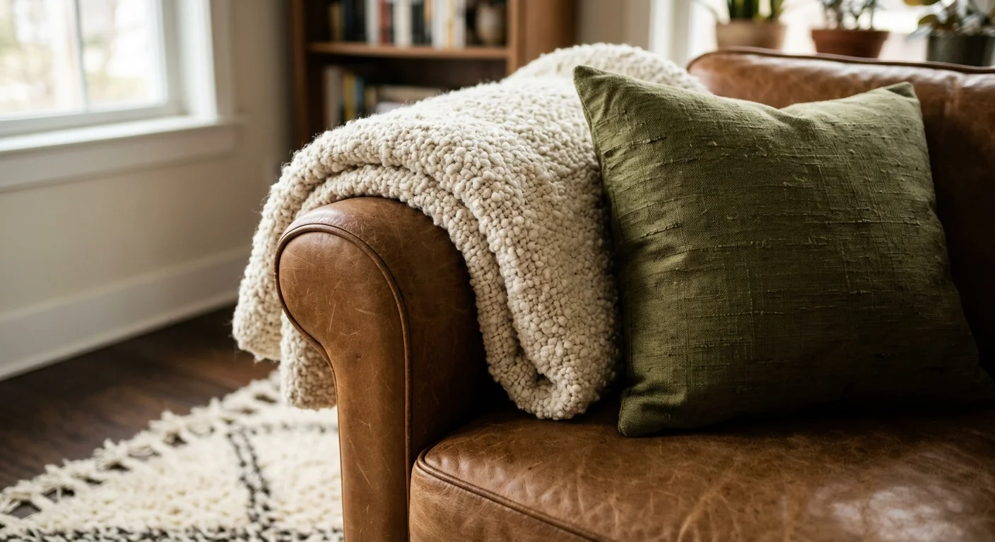 Close-up of layered textures featuring a chunky ivory bouclé throw, a cognac leather armchair, and a raw silk pillow.