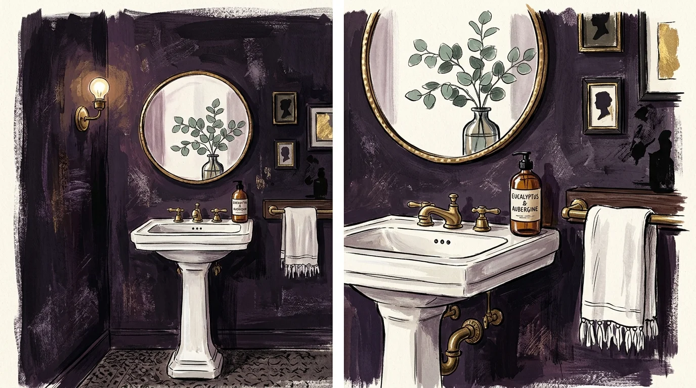 Gouache illustration of a dramatic powder room with deep inky aubergine walls, a brass mirror, and a white pedestal sink.