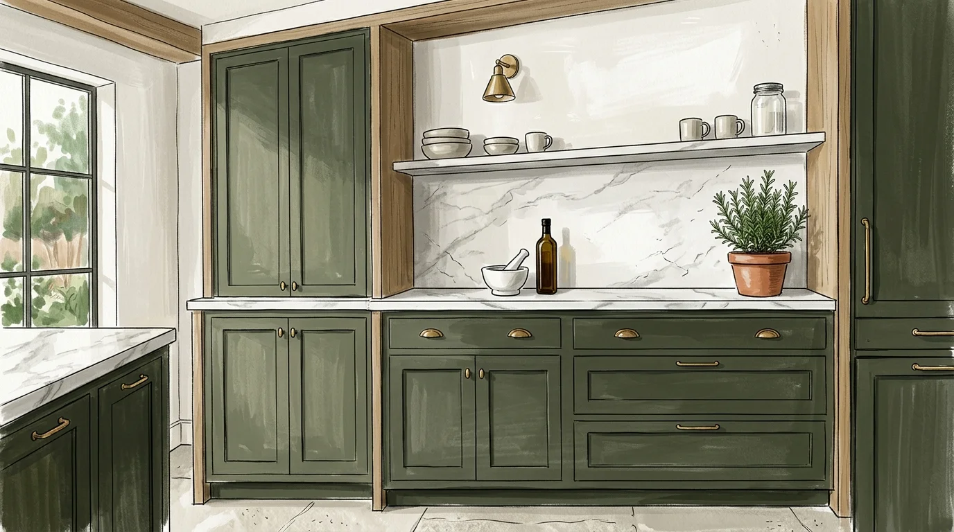 Gouache illustration of organic kitchen cabinetry painted in desaturated olive green, paired with a marble countertop and brass details.
