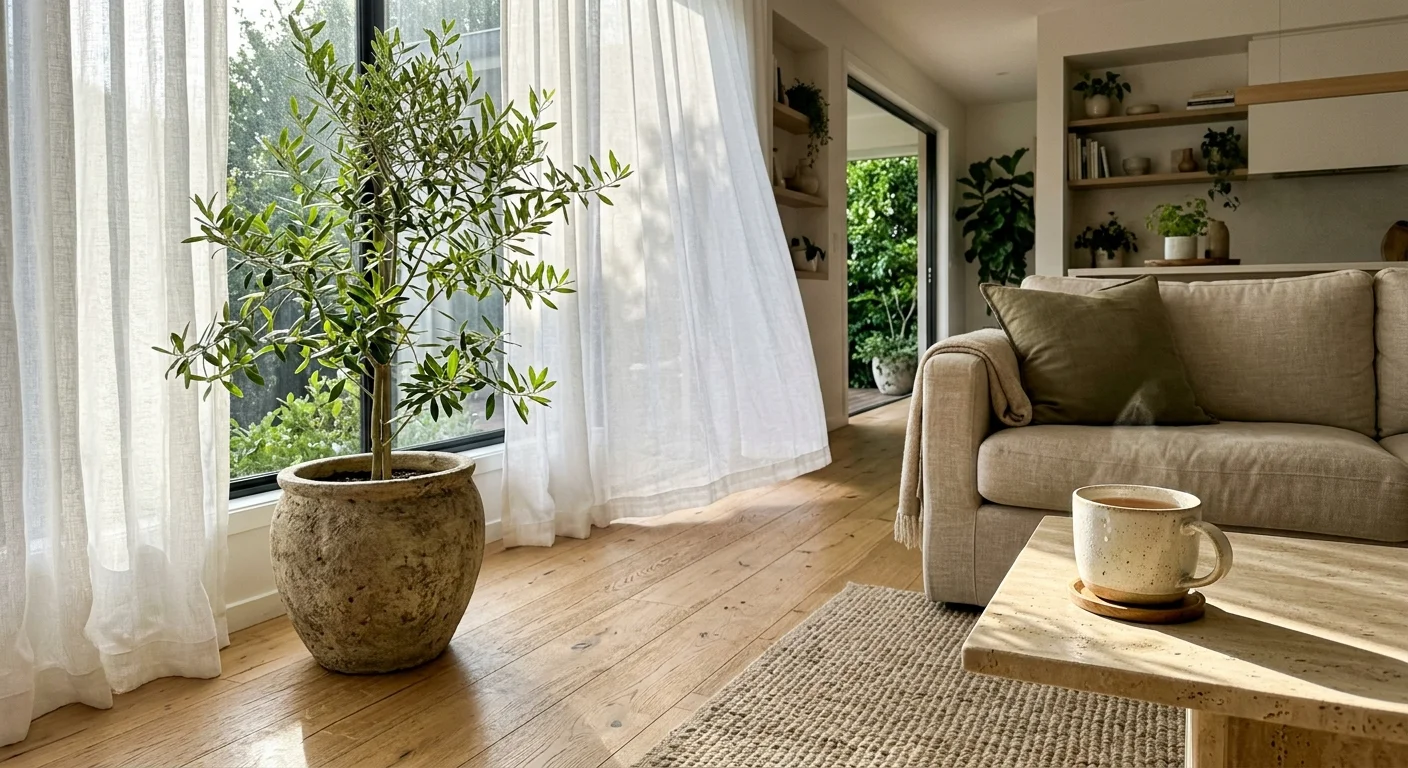 Morning sun streaming through sheer linen curtains onto a tall indoor olive tree and a honed travertine side table.