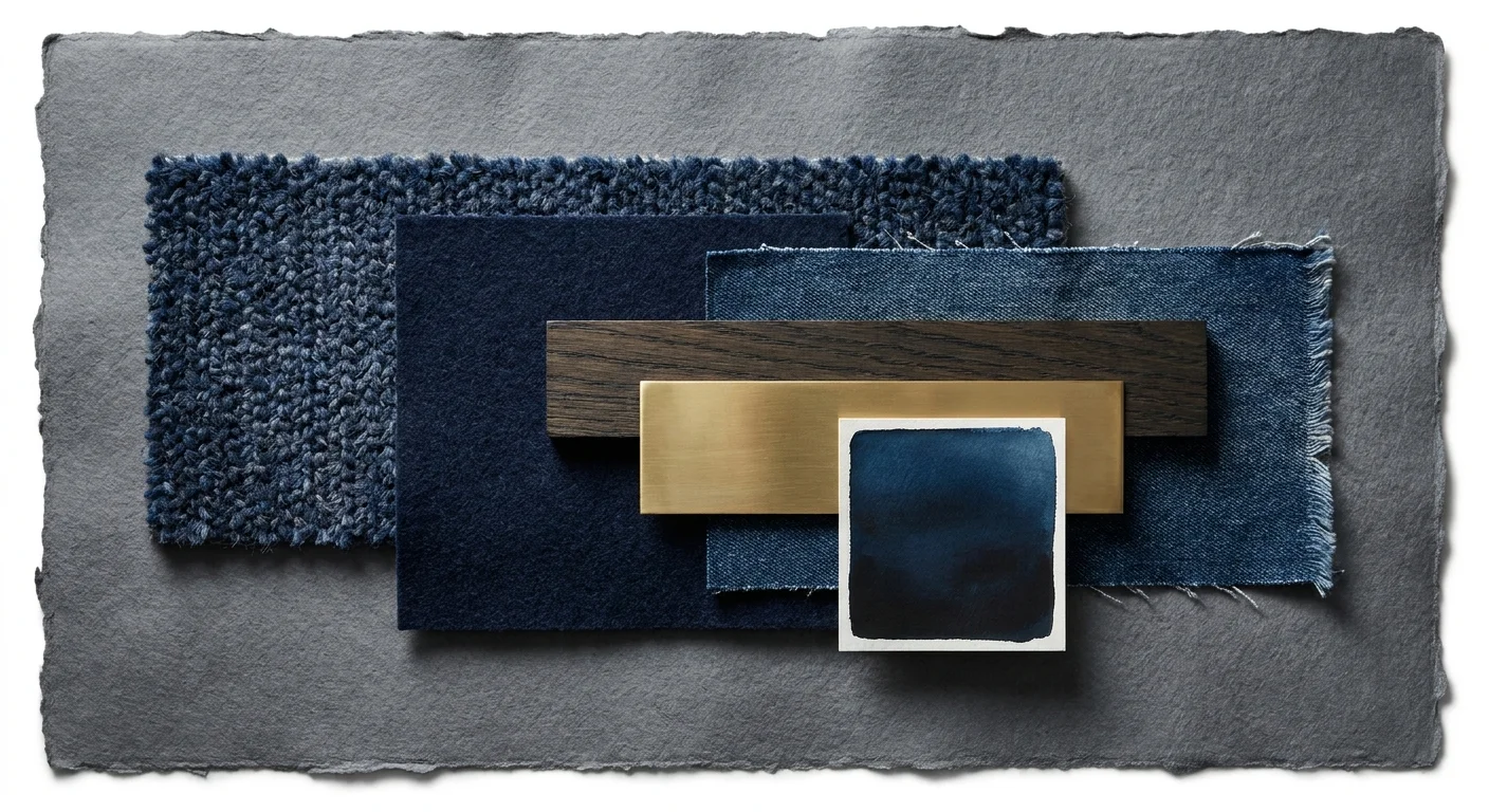 Tactile mixed media collage of deep indigo and midnight blue carpet swatches with dark wood and brass accents.