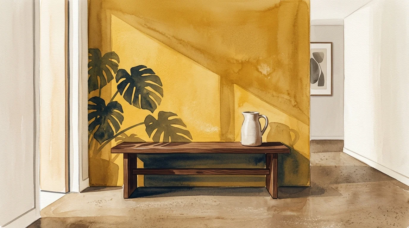 Watercolor and gouache illustration of an entryway with an ochre yellow wall casting graphic leaf shadows over a dark wood bench.