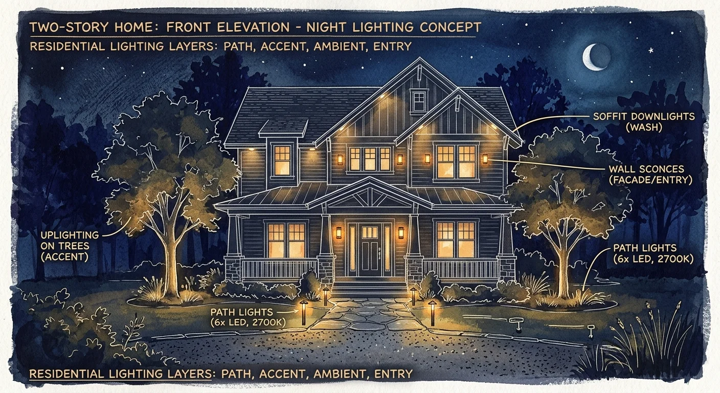 A beautiful gouache schematic illustration showing the front of a home with all its layered lighting elements glowing.