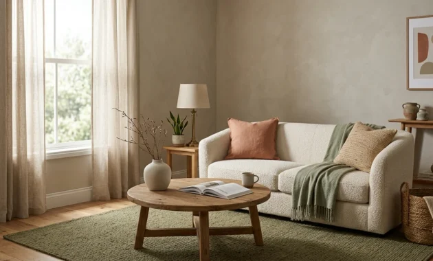 A beautifully arranged small living room with a cream sofa, olive green rug, and oak floors bathed in soft morning light.