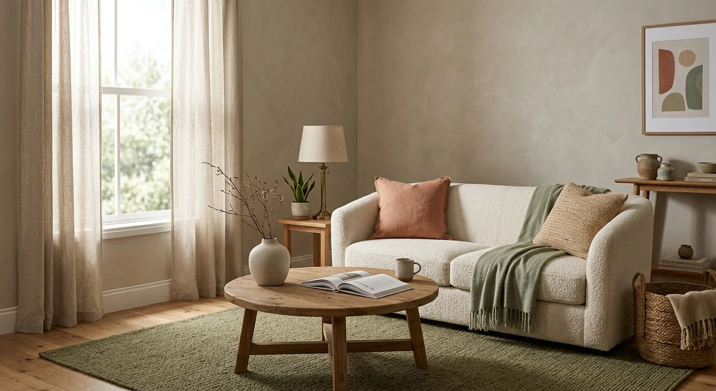 A beautifully arranged small living room with a cream sofa, olive green rug, and oak floors bathed in soft morning light.