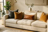 A beautifully styled cream bouclé sofa with five textured throw pillows in charcoal, ochre, and cognac leather in a sunlit modern living roo