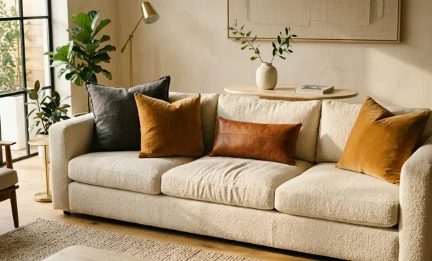 A beautifully styled cream bouclé sofa with five textured throw pillows in charcoal, ochre, and cognac leather in a sunlit modern living roo