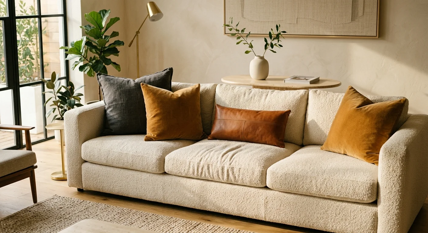 A beautifully styled cream bouclé sofa with five textured throw pillows in charcoal, ochre, and cognac leather in a sunlit modern living roo