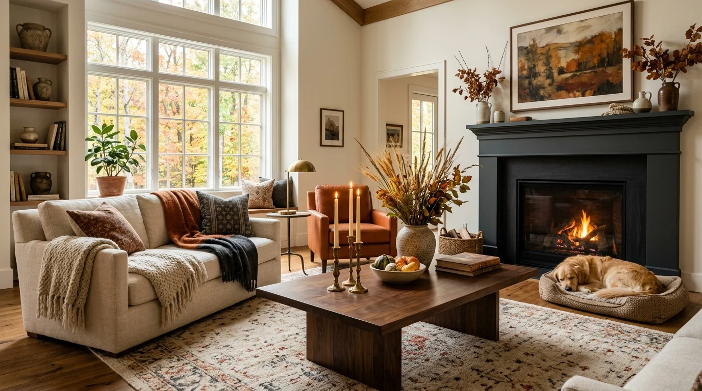 A beautifully styled, warm living room featuring elegant autumn decor that blends with the existing high-end interior design.