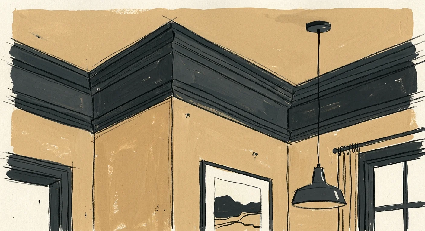 A bold graphic gouache illustration showing high-contrast charcoal gray crown molding against a warm sand-colored wall.