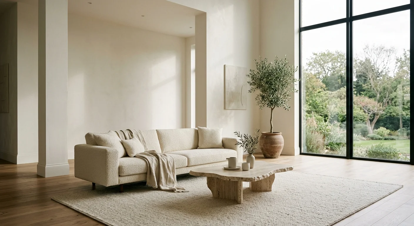 A bright, airy living room with crisp warm white walls, a cream boucle sofa, and a natural travertine stone coffee table.