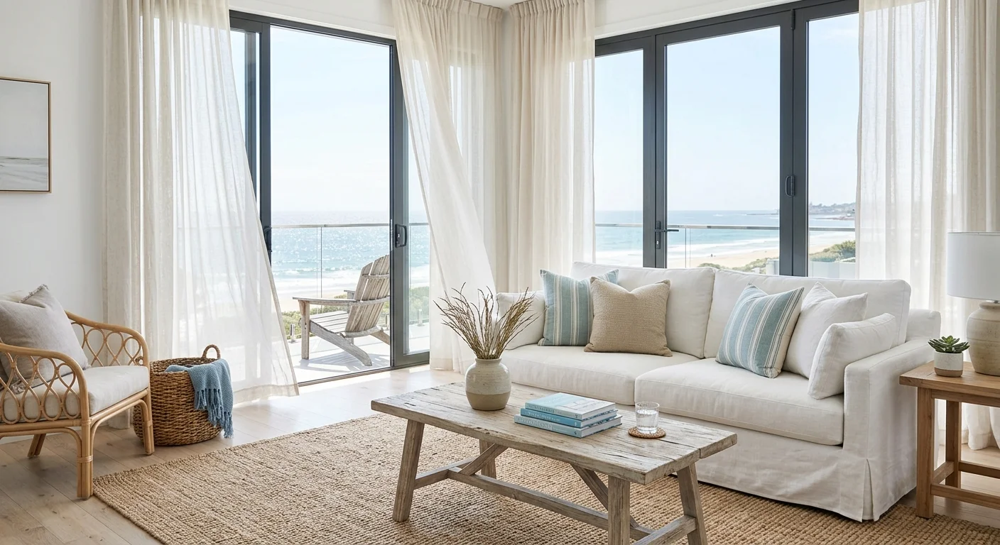 A bright coastal living room featuring a white linen sofa, sea-glass blue pillows, a driftwood table, and sheer curtains.