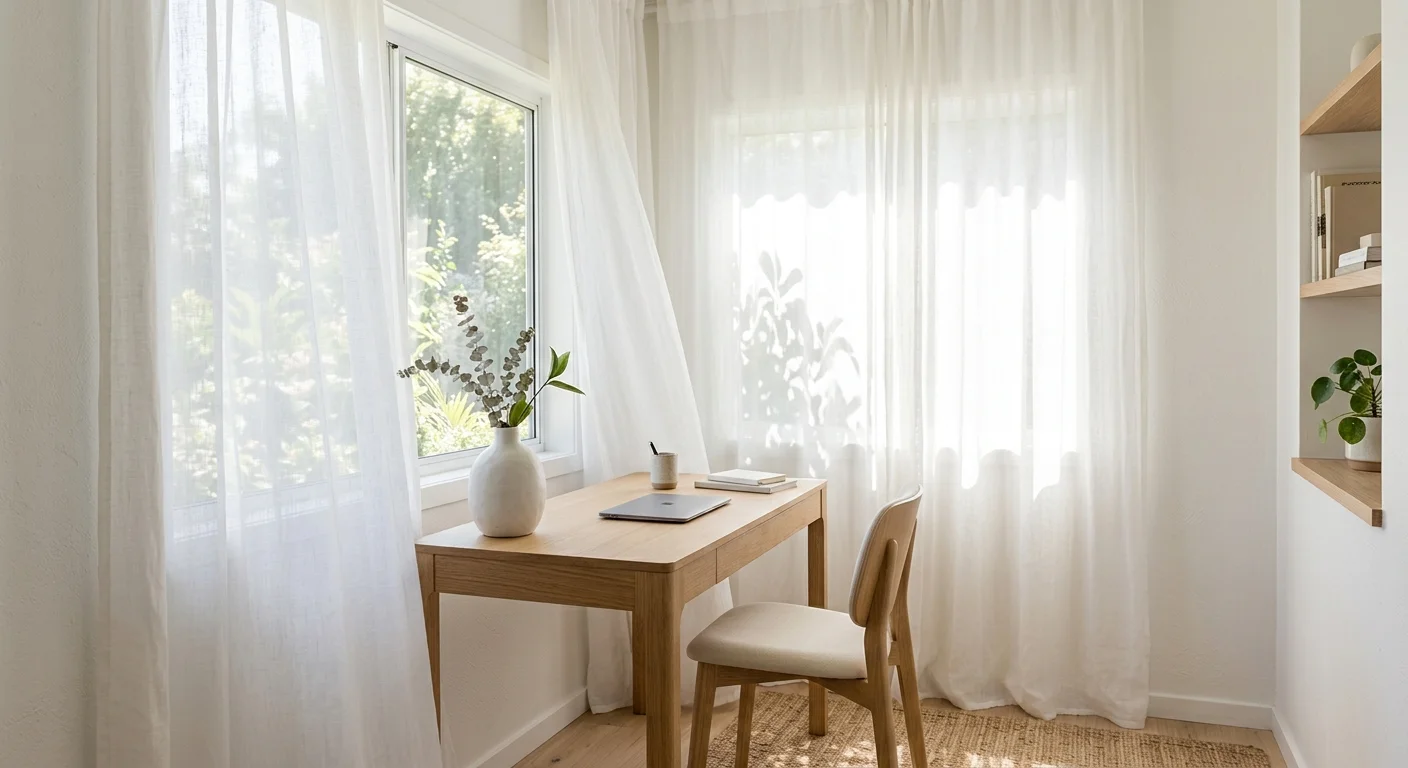 A bright home office with sheer, light-filtering white curtains diffusing soft daylight into a small, airy space.