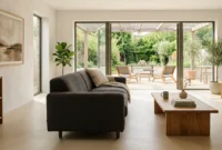 A bright, modern living room featuring seamless, warm bone-colored microcement flooring that extends toward large patio windows.