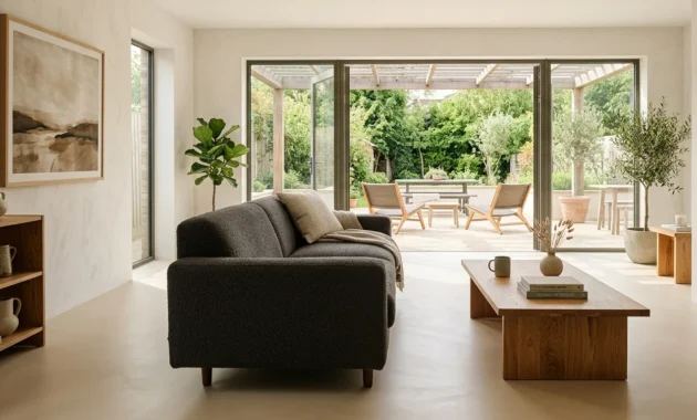 A bright, modern living room featuring seamless, warm bone-colored microcement flooring that extends toward large patio windows.