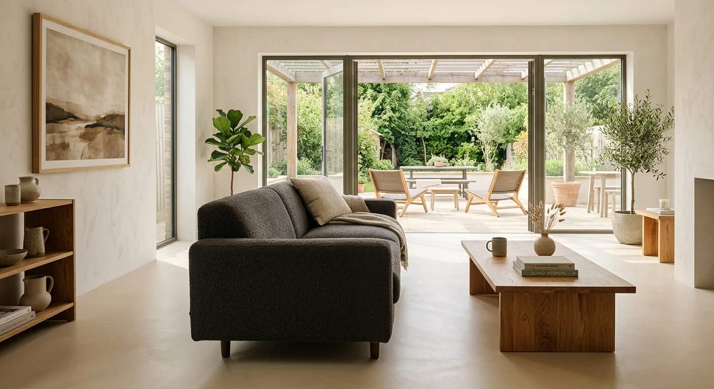 A bright, modern living room featuring seamless, warm bone-colored microcement flooring that extends toward large patio windows.