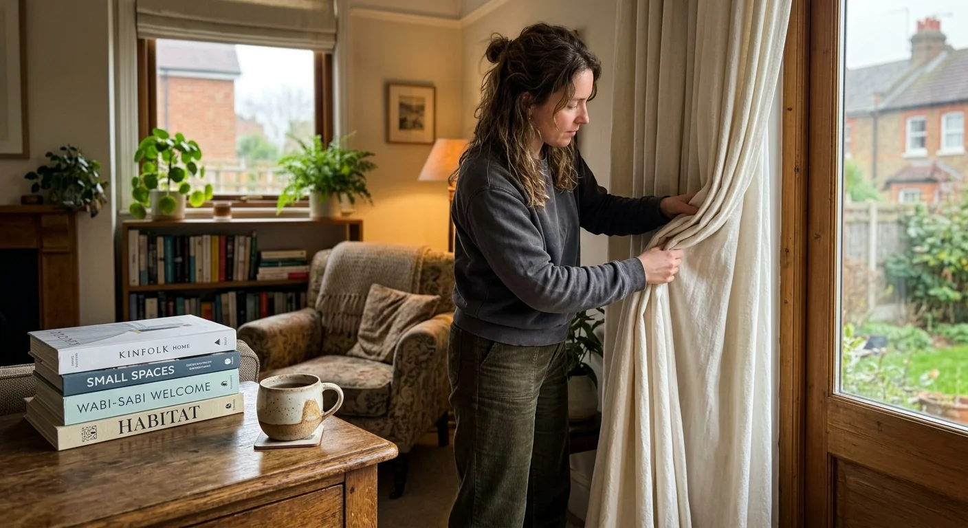 A casual, warm photograph of a person adjusting full, heavy cotton curtains in a cozy, lived-in living room.
