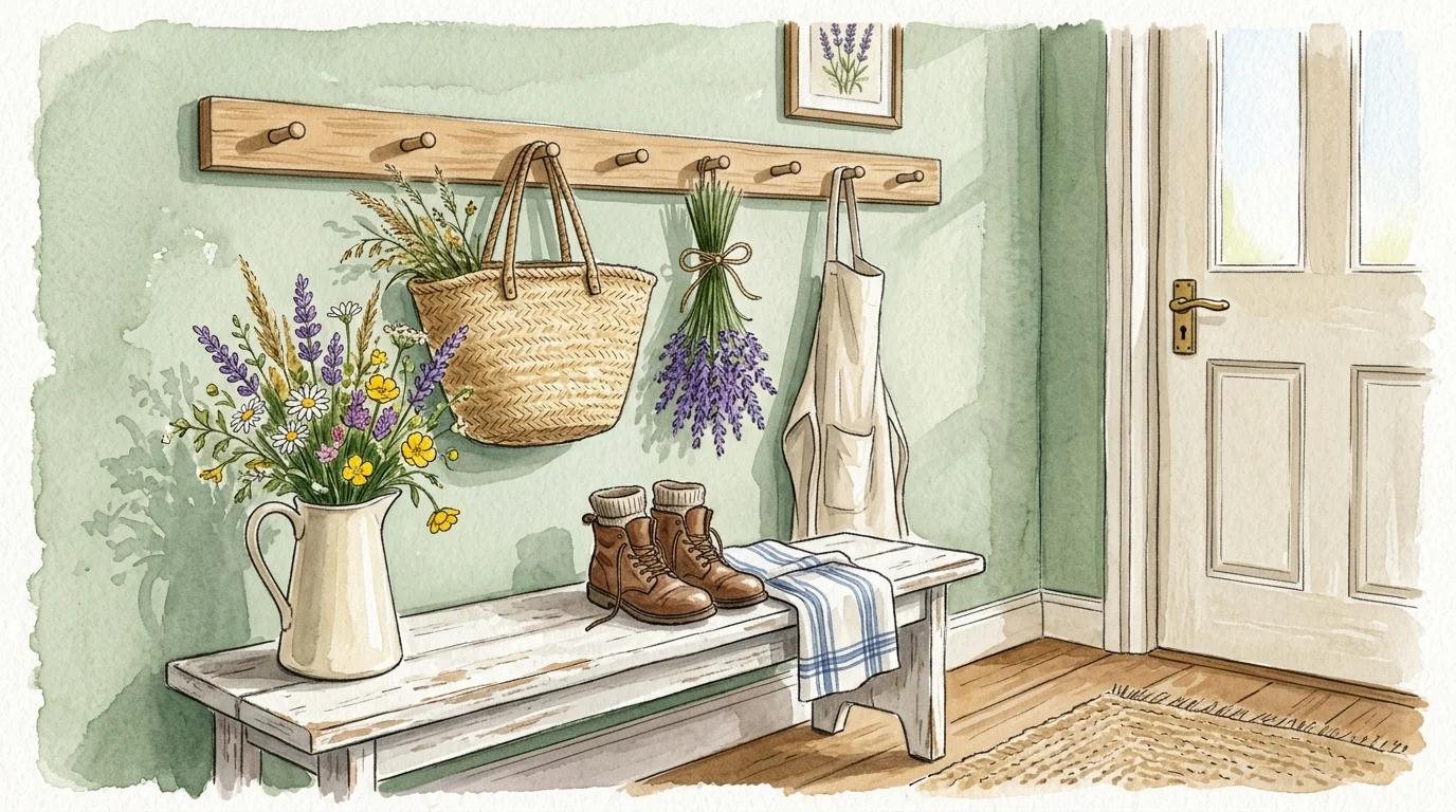 A charming watercolor illustration of a rustic entryway peg rail with a straw bag, dried lavender, and a white wooden bench.
