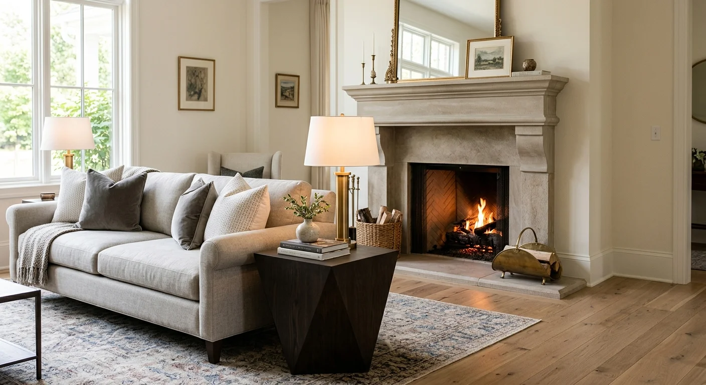 A classic living room hearth featuring a traditional fireplace mantle, a modern side table, and a greige rolled-arm sofa.