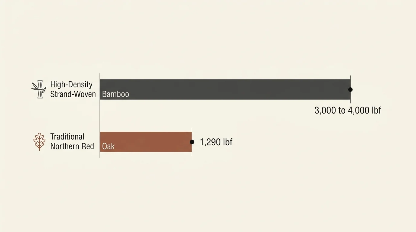 A clean bar chart comparing the Janka hardness of High-Density Strand-Woven Bamboo to Northern Red Oak.