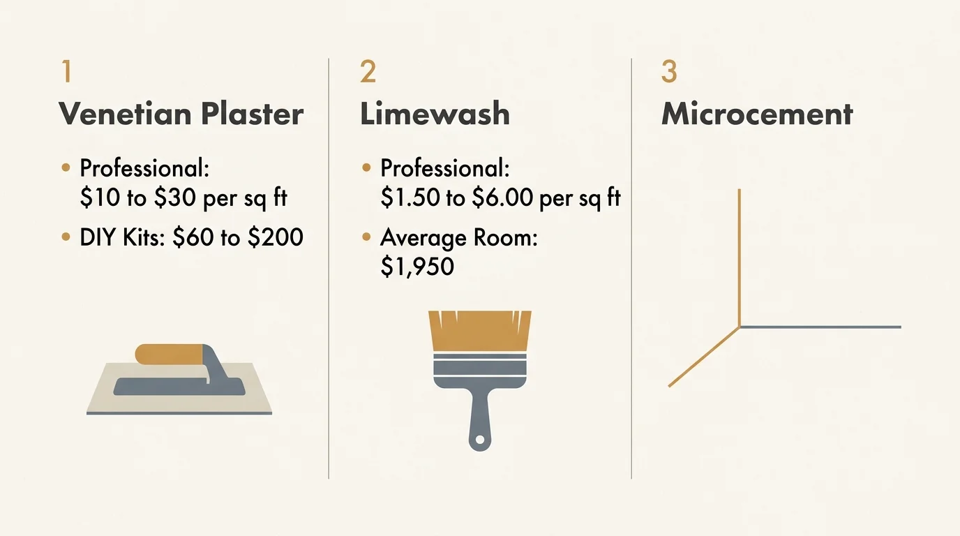 A clean, horizontal infographic comparing the professional and DIY costs of Venetian plaster, limewash, and microcement.