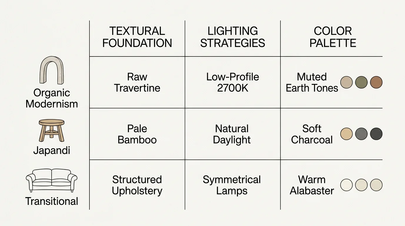 A clean, horizontal minimalist design matrix diagram comparing materials, lighting, and colors for Organic Modernism, Japandi, and Transitio