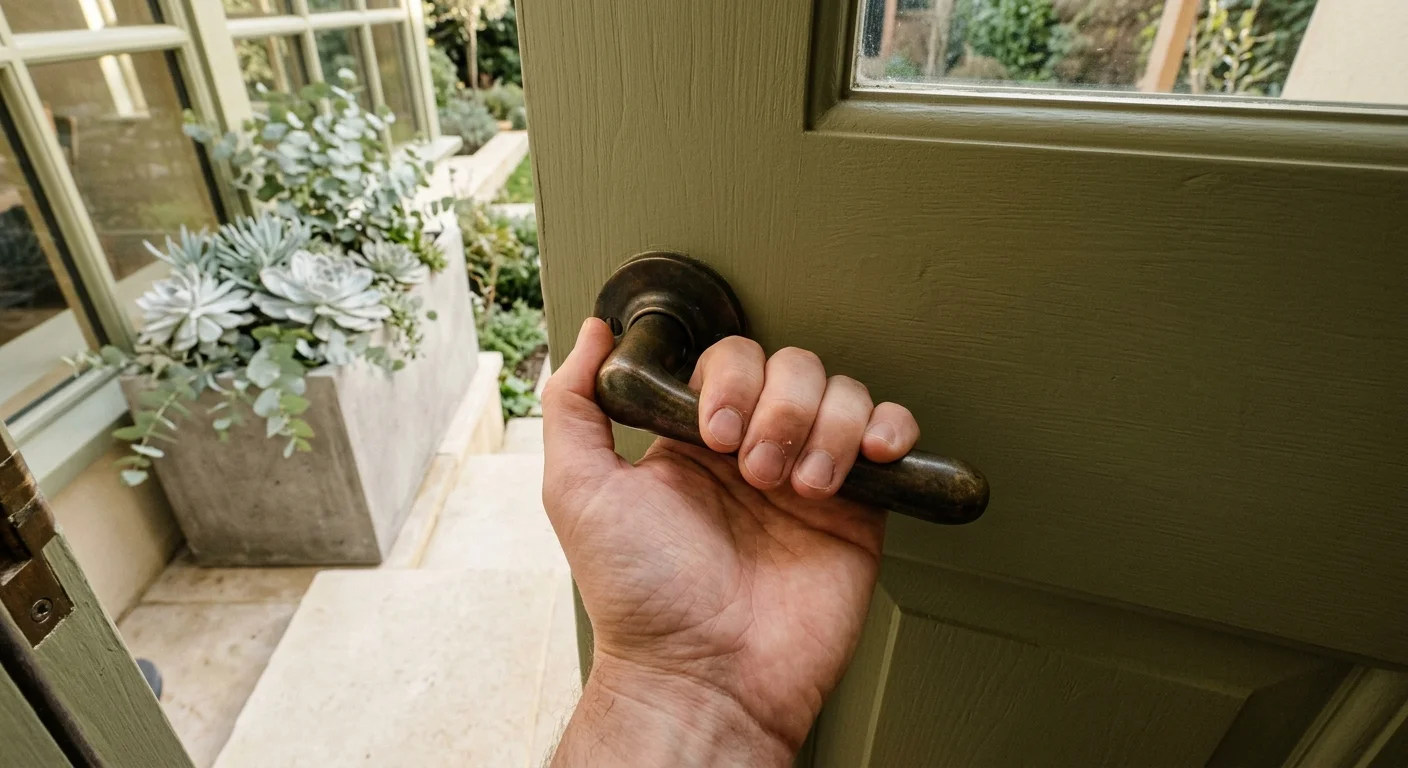 A close-up candid shot of a hand opening a matte biophilic olive green door with patinated bronze hardware.