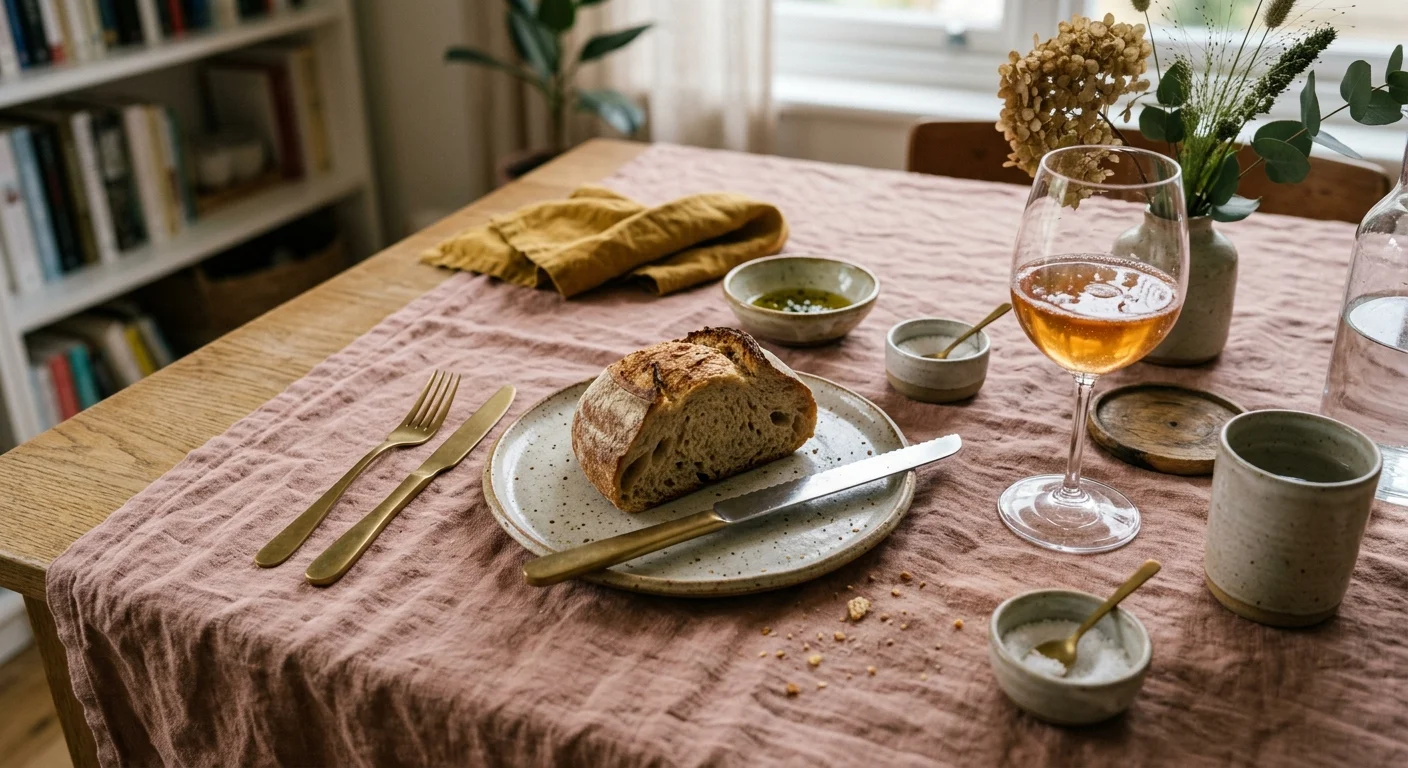 A close-up of a casual dining table set with a dusty rose linen tablecloth, a ceramic plate with bread, and a glass of wine.