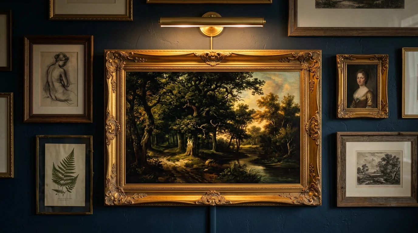A close-up of a gallery wall where a television displaying a landscape painting is indistinguishably framed in ornate gold.
