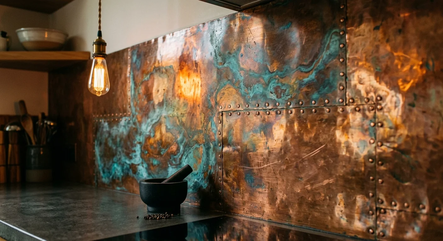 A close-up of a hand-patinated copper backsplash with rich turquoise and bronze oxidation, reflecting warm light.