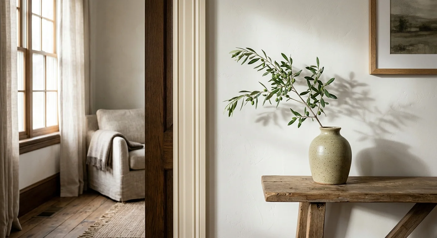 A close-up of a matte alabaster wall catching soft morning light next to a dark wood trim and olive branch.