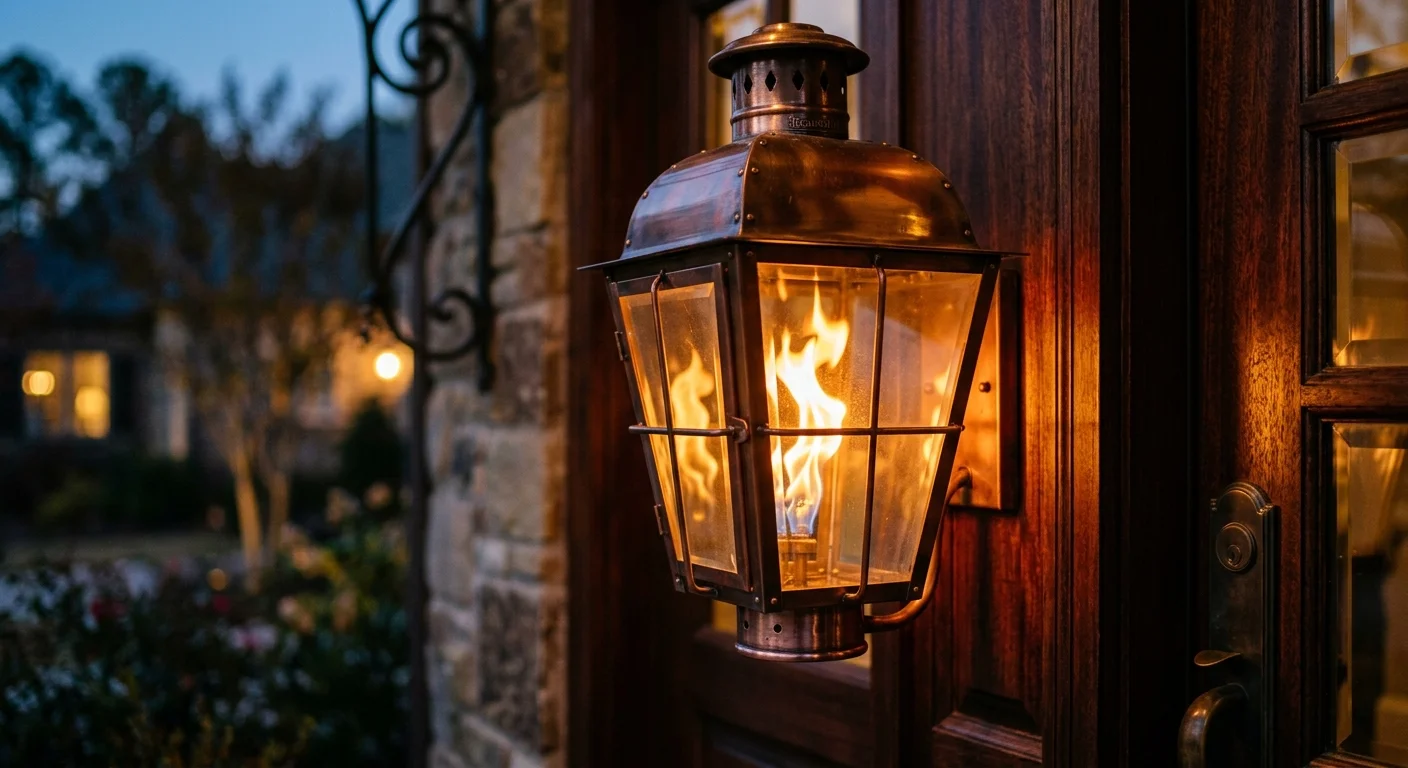 A close-up of a traditional copper gas lantern with a flickering flame mounted next to a dark wood door.