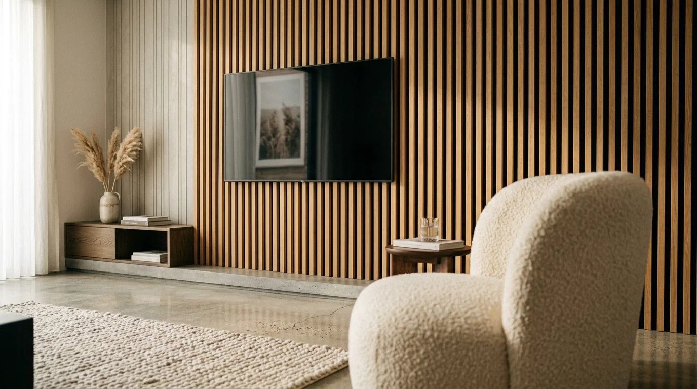 A close-up of an acoustic oak slat wall behind a television, with a textured boucle armchair in the soft-focus foreground.