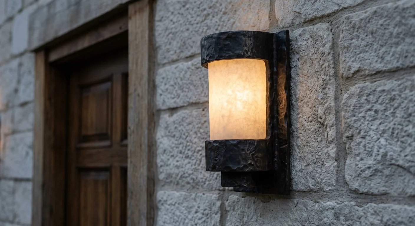 A close-up of an oversized, black iron sculptural wall sconce casting a warm glow on a rough limestone wall.